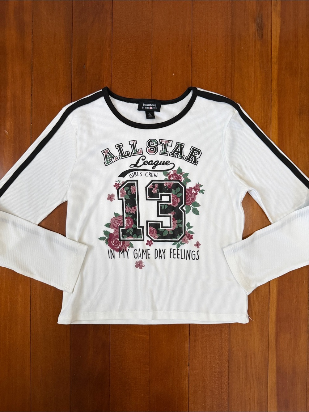 Beautees White Long Sleeve Tee with Black Trim and Floral '13' Graphic